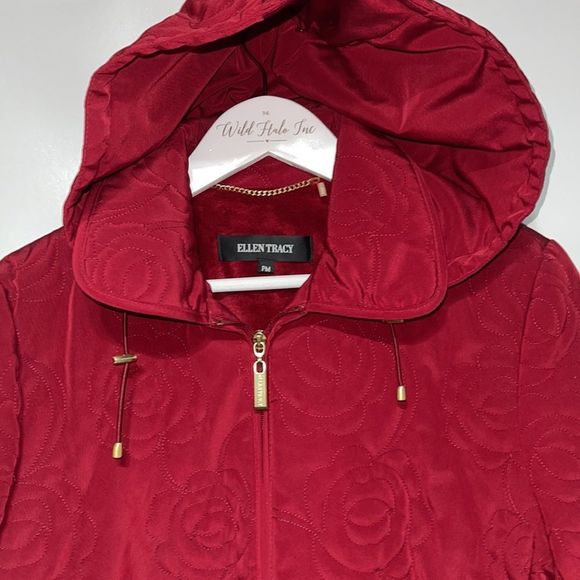 Ellen Tracy Red Rosette Quilted Jacket Full Zip w/Hood Fleece lined Petite Med - Picture 3 of 12